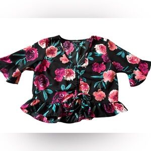 Derek Heart Floral V Neck Blouse Ruffle Trim Front Tie Black Pink Teal Top Large